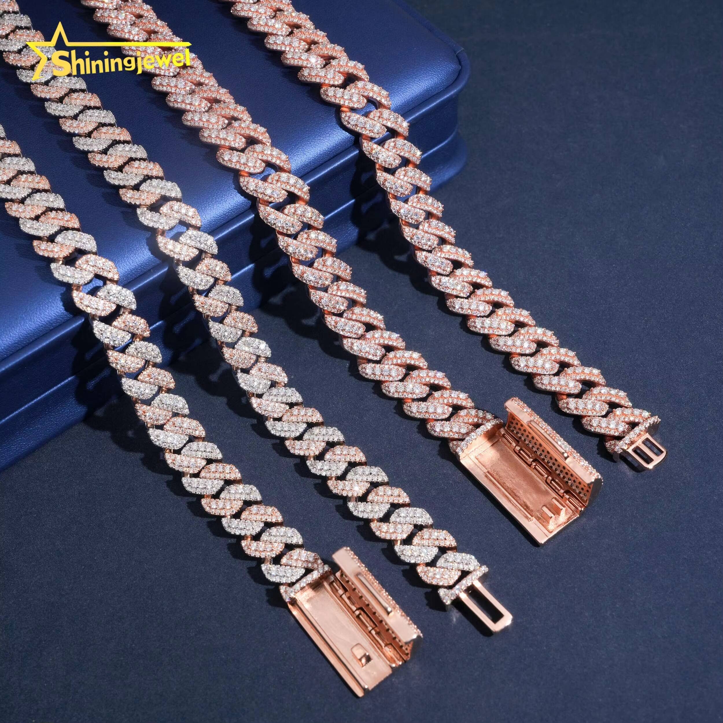15mm Rose Gold Plated Cuban Link Chain 925 Silver VVS Moissanite Bracelet Iced Out Hip Hop Jewelry Diamond Necklace