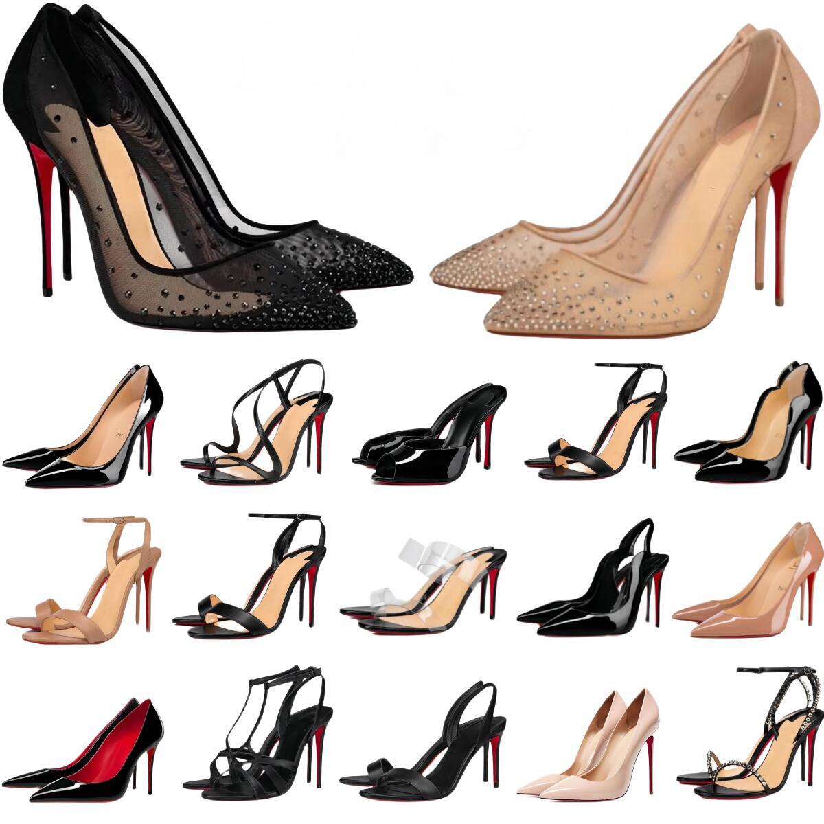 Designer Women High Heel Red Soled Peep Toe Sandals 6cm 8cm 10cm 12cm Sexy Pointed Toe Stiletto Heels Nude Black Patent Leather Pumps Dress Shoes Sizes 34-42