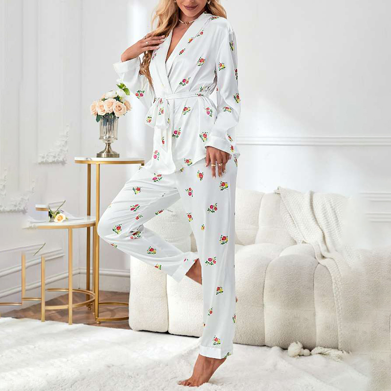 Spring/Fall Women's Silk Satin Floral Print Short Robe and Pants Pajama Set for Homewear nightgown retro nightgown nightgown set nightgown nightd