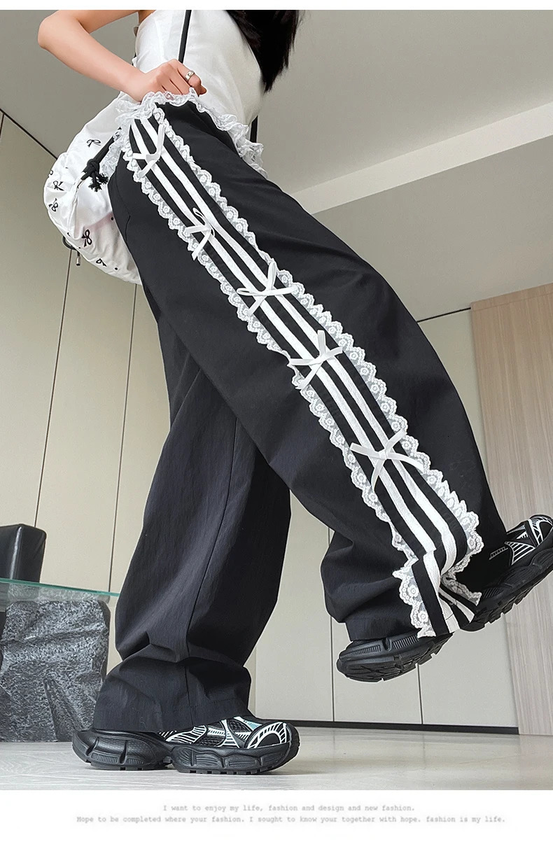 Black Trousers Elastic Waist Lace White Edge Strip End Foot Sweatpants Sports Pants Women sweet girls loose casual Z260314