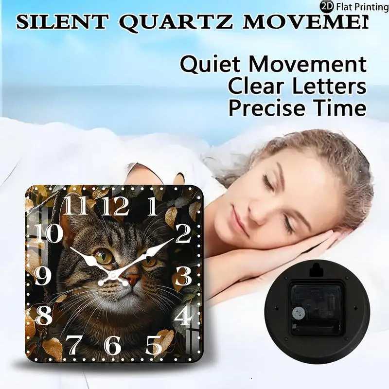 Vintage 2DFlat Tabby Cat Portrait Wooden Silent Quartz square Wall Clock Perfect Christmas gift for friends C251015
