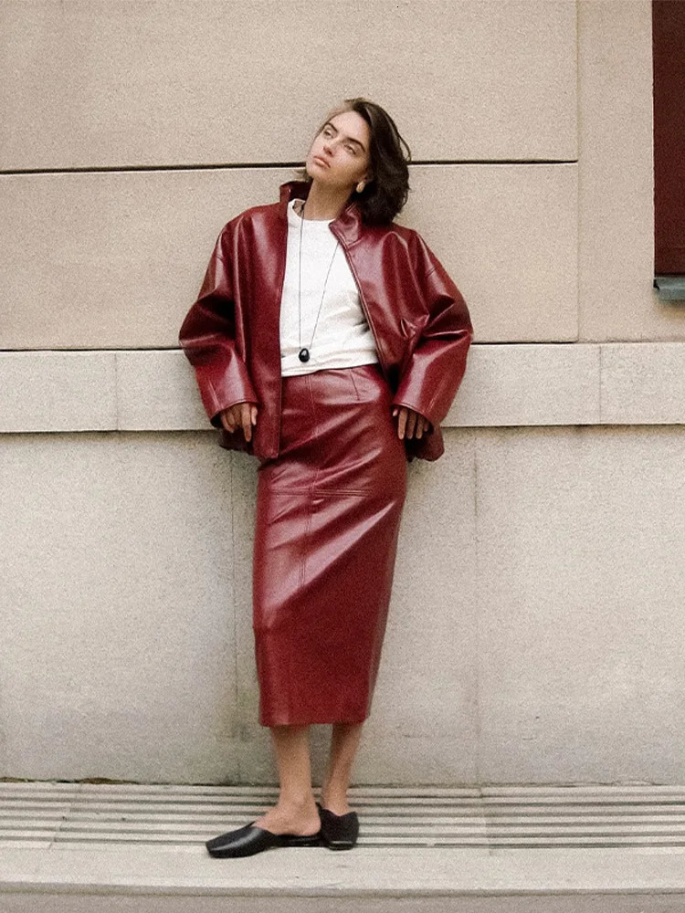Street Woman Leather Two Piece Set Retro Lapel Zipper Jacket High Waist Straight Long Skirt Fashion Versatile Womens Suits 251028