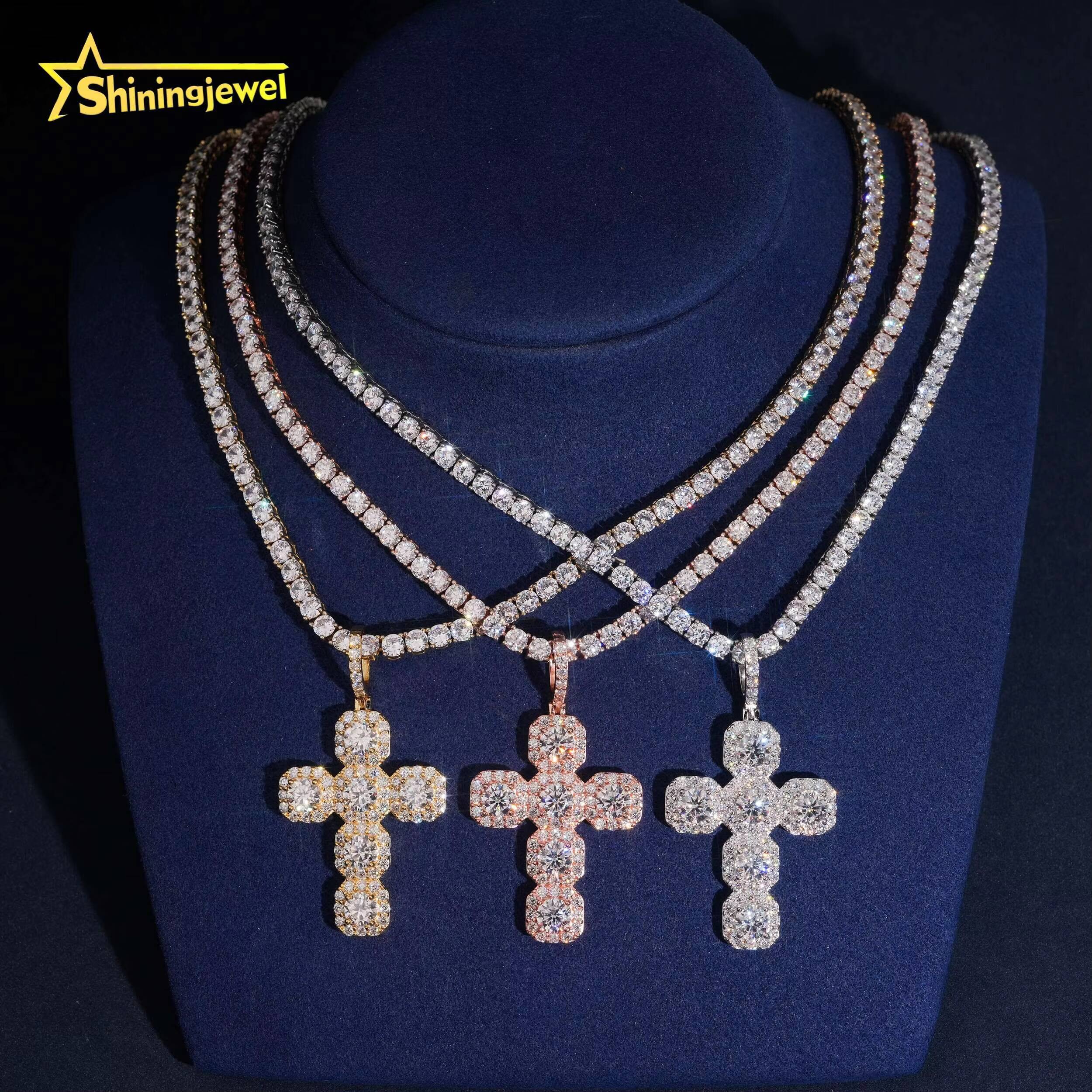 Cluster Design Cross Pendant Pass Diamond Test Moissanite Charms 925 Sterling Silver Gold Plated Hip Hop Iced Out Charm Pendant