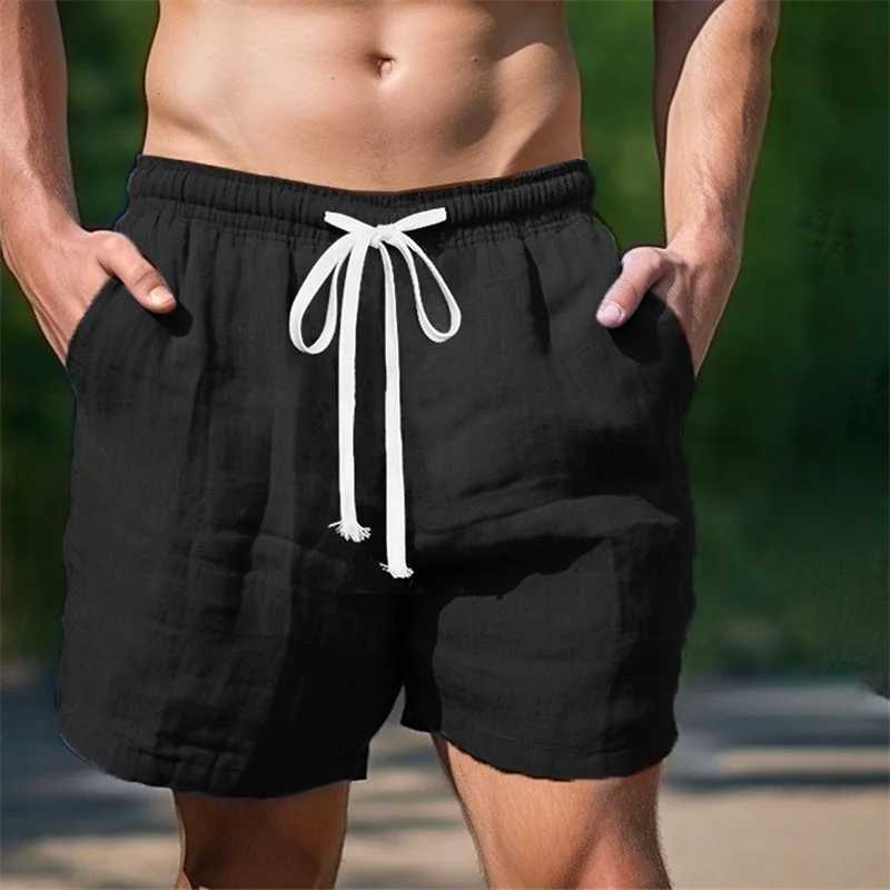 Mens Linen Beach Shorts Solid Color Elastic Waist Drawstring Swim Trunks with Pockets Casual Swim Shorts for DailyT251015