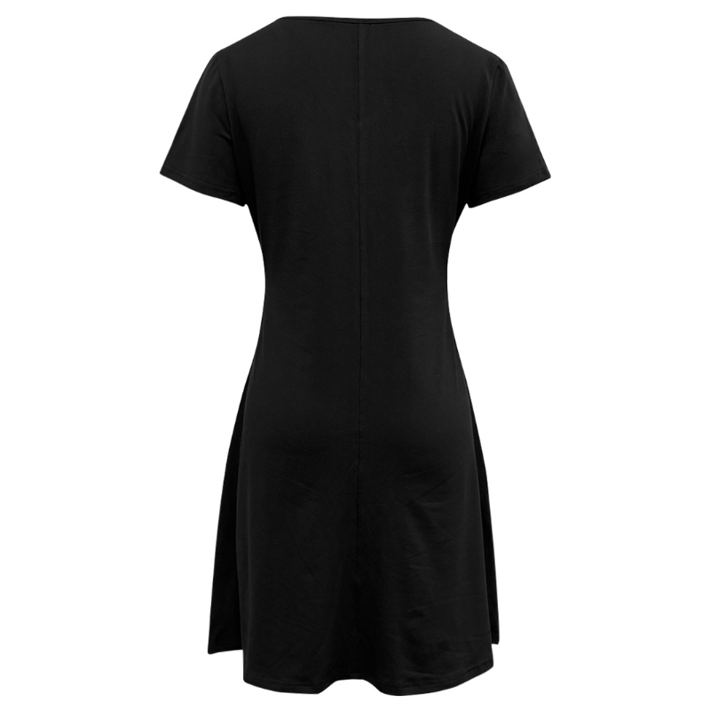 Chic Office-Wear for Ladies: V-neck Flared Hem Dress in Black w/Long Slits & Elbow-Length Arms Seasonal Apparel Model CF51016