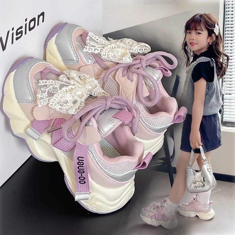 Girls Sneakers 318 Years Old Pink Lace Bow Childrens Running Four Seasons Purple Lightweight Nonslip Kids Casual Shoes H260130