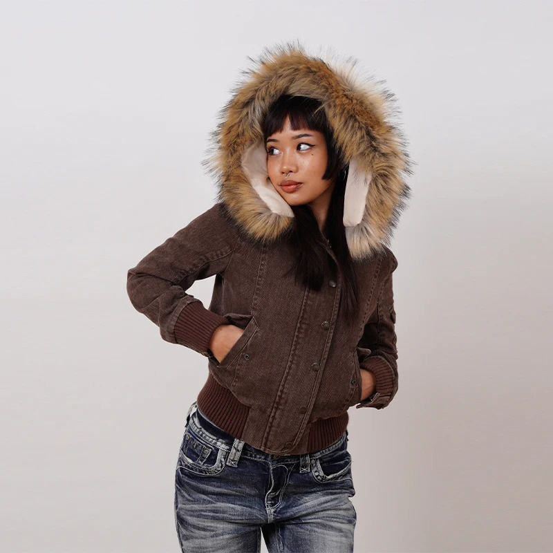 Vintage Brown Short Hooded Jacket Womens Full Sleeve Slim Detachable Fur Collar 2025 Winter Autumn Female Outerwear 251008