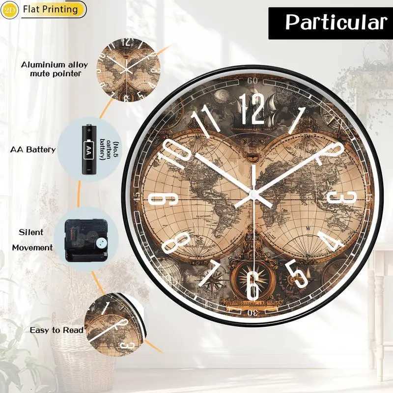 Wooden Silent Wall Clock Vintage world map compasses Quartz Round Analog Clock for Home Office Idea Holiday Gifts C251015