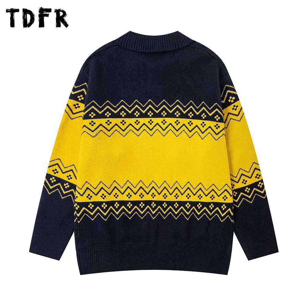 Cartoon Embroidery Contrast Sweater Mens Autumn Winter Retro Casual Lapel Drop Shoulder Long Sleeve Loose Knitted Pullover Man J251015