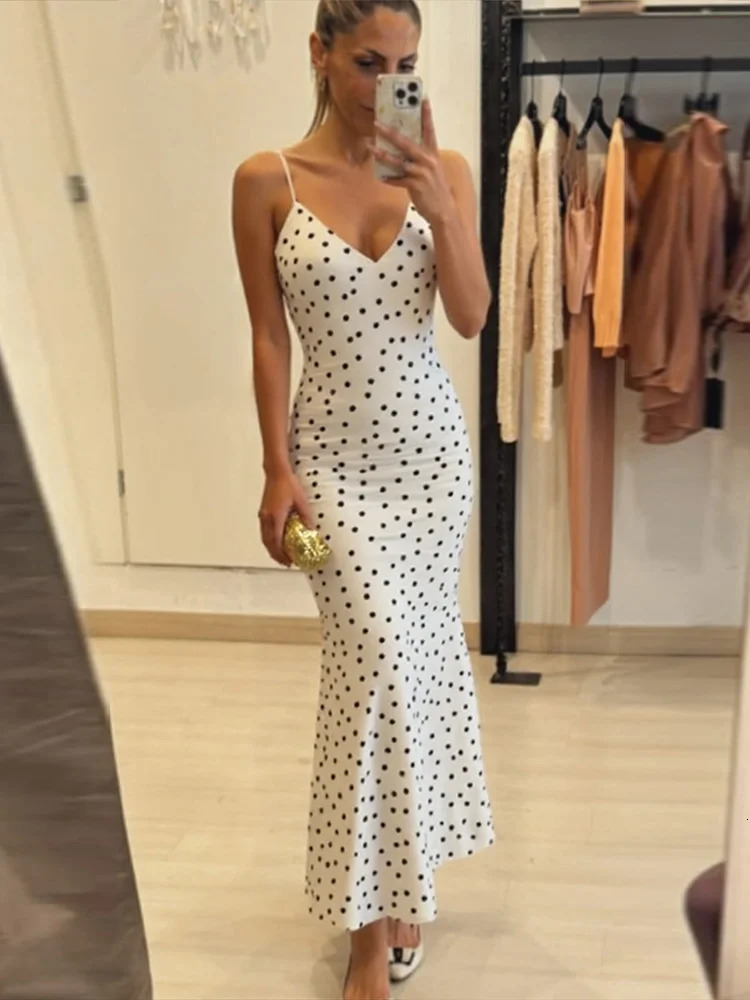 Women Polka Dot Midi Slip Dress Vneck Slimming Waist Cinching Suspender Long Dresses Elegant Backless Vacation Female Robes251014
