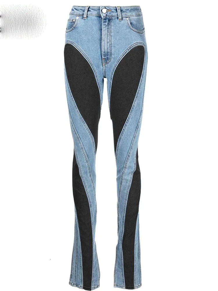Fashion Color Block Womens Jeans Slim Deconstruct Panelled Patchwork High Waist Split Blue Long Denim Pants Autumn 251011