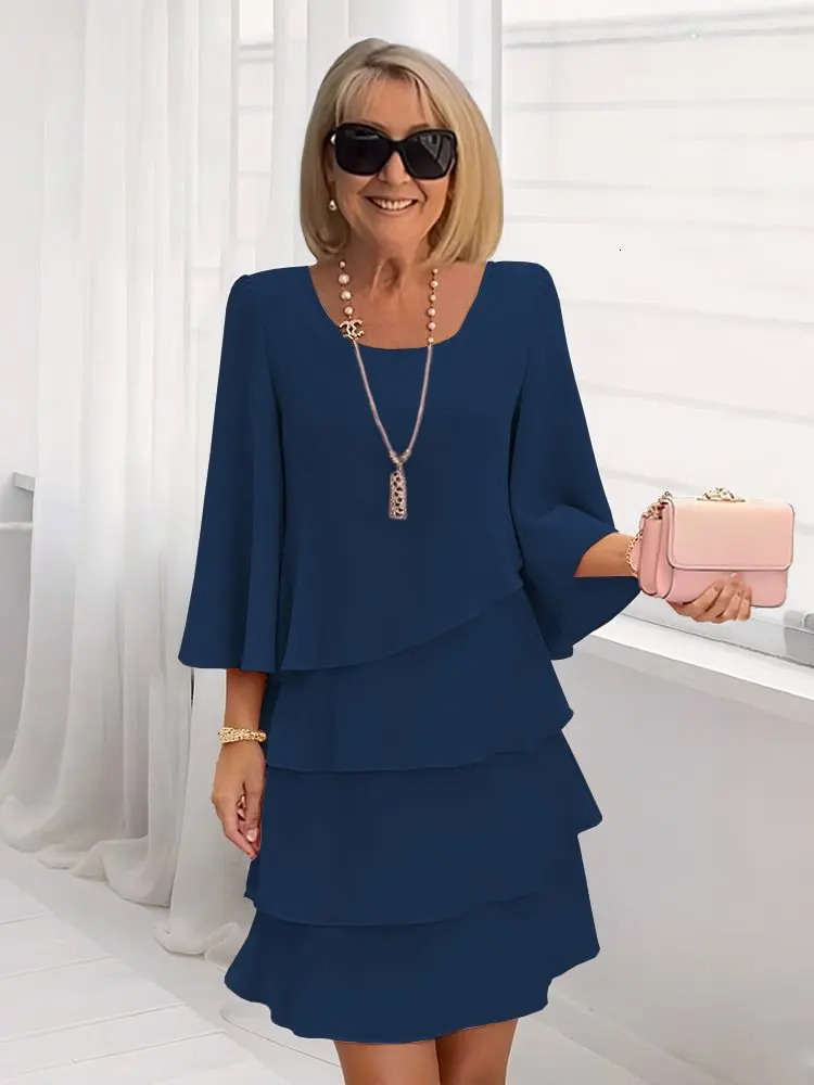 Womens Fashion Cake Skirt 34 Bell Sleeve Crewneck Tiered Layered Flowy Dress Party Wedding Outfits 251013