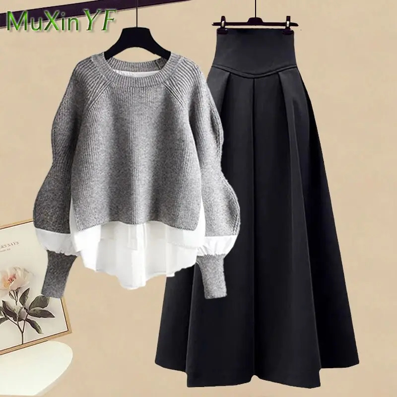 2025 SpringAutumn Korean Elegant Splice Two Piece Knitted Sweater Dress Matching Set Womens Chic Pullover Skirt Set 251028