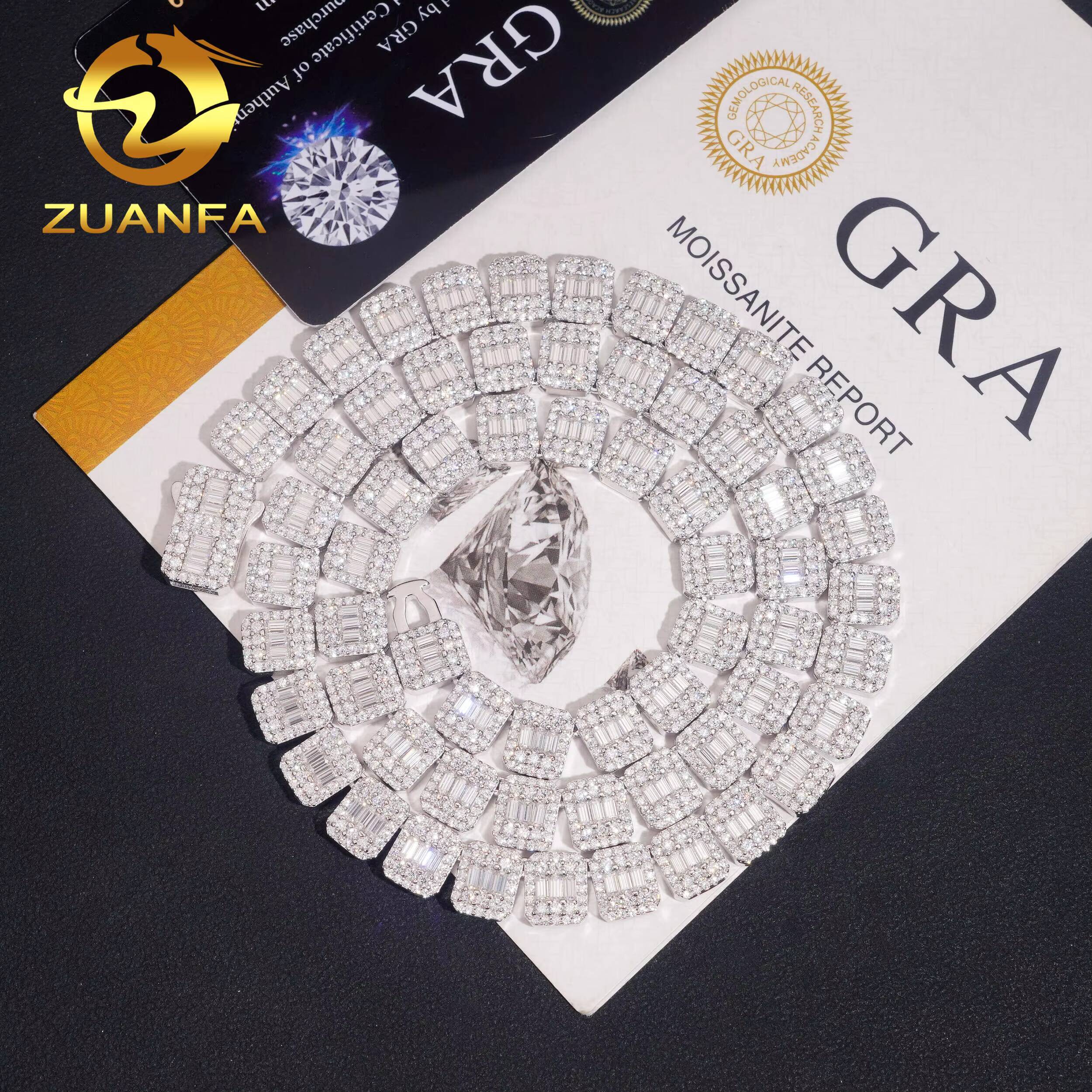 Fashion Men 9mm Baguette Cut VVS Moissanite Necklace Solid 925 Silver Hip Hop Jewelry Iced Out Cuban Link Chain Bracelet