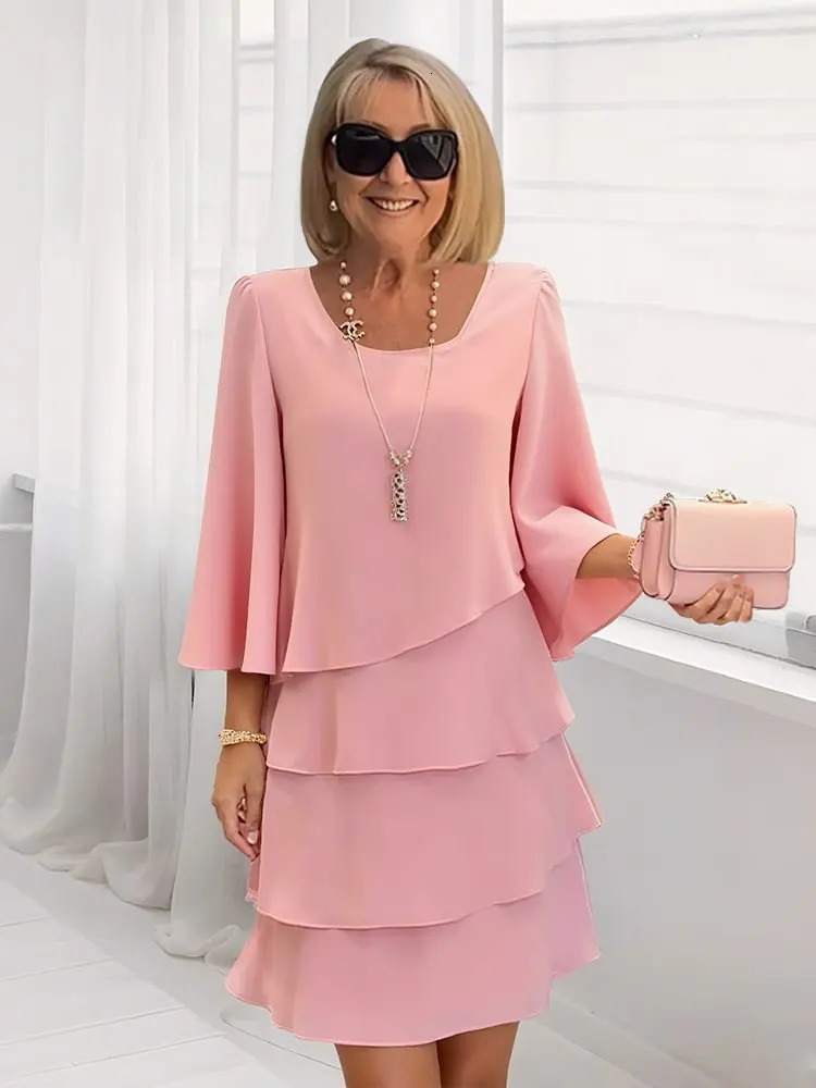 Womens Fashion Cake Skirt 34 Bell Sleeve Crewneck Tiered Layered Flowy Dress Party Wedding Outfits 251013