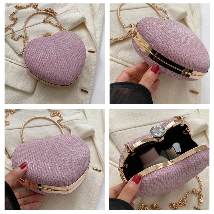 Fashion High-end Textured Versatile Chain Handbag for Weddings & Evening Parties Women's Cute Heart-shaped Mini Clutch with Rhinestones