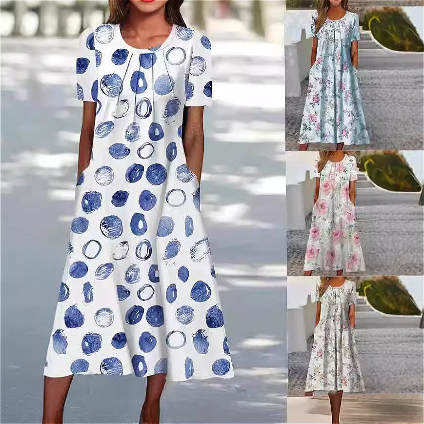 626 New Dress Summer European and American Short Sleeve Round Neck Printed Pocket A-Line Dress Women's Clothing