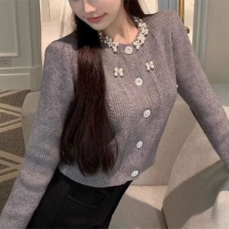 2025 Autumn Luxury Winter New Top Autumn/Winter Thick design Bead Sweater Open Knitted Jacket Women's Unique Design Slimming Designer Jacket Shor