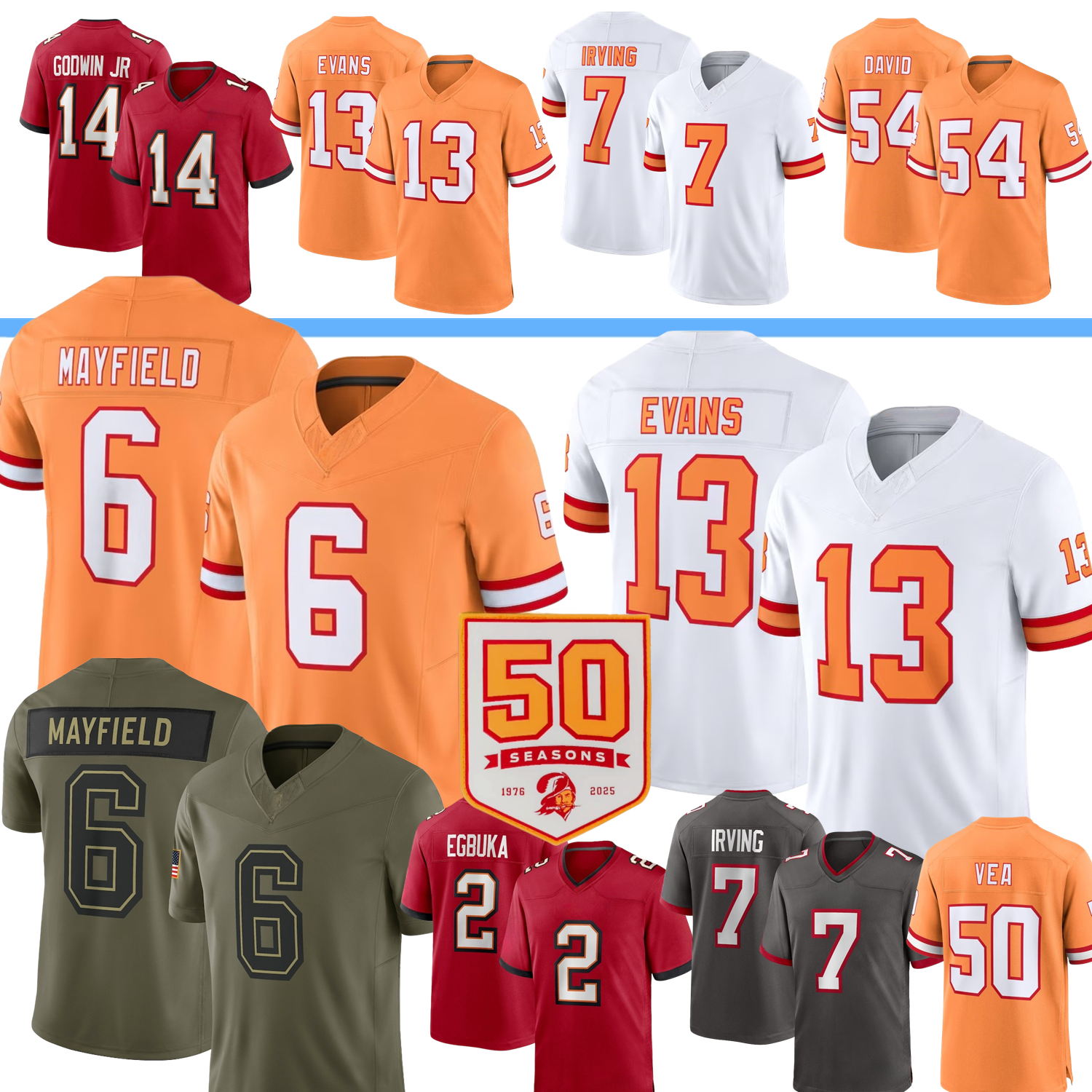 Baker Mayfield Football Jersey Emeka Egbuka Mike Evans Antoine Winfield Jr. Chris Godwin Custom Lavonte David Vita Vea White Bridgewater Irving Otton 50th Patch