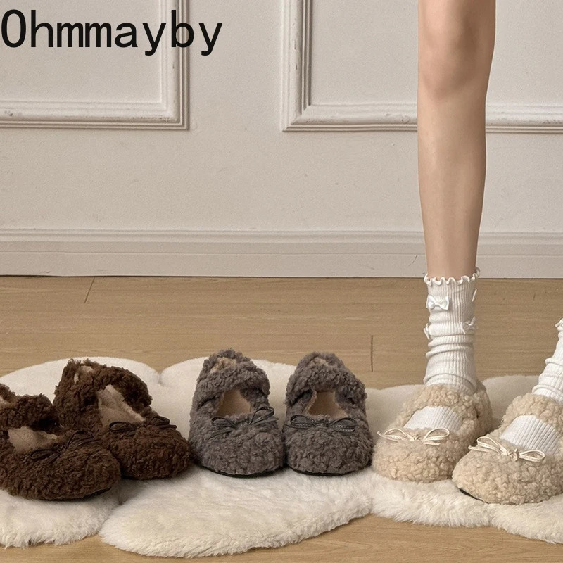 Furry Women Flats Shoes Comfort Round Toe Soft Sole Shoes Outdoor Warm Short Plush Shoes For Winter 251013