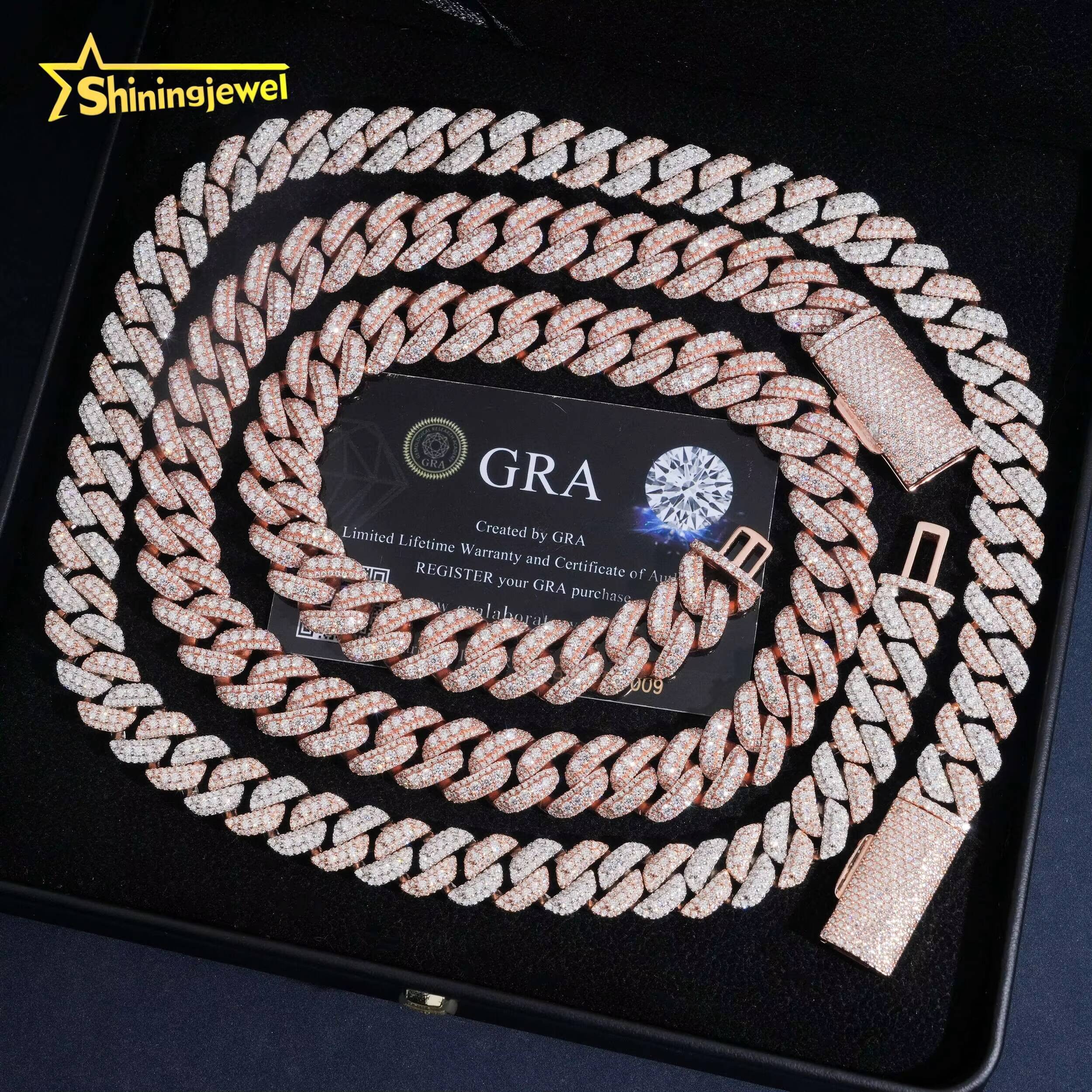 15mm Rose Gold Plated Cuban Link Chain 925 Silver VVS Moissanite Bracelet Iced Out Hip Hop Jewelry Diamond Necklace