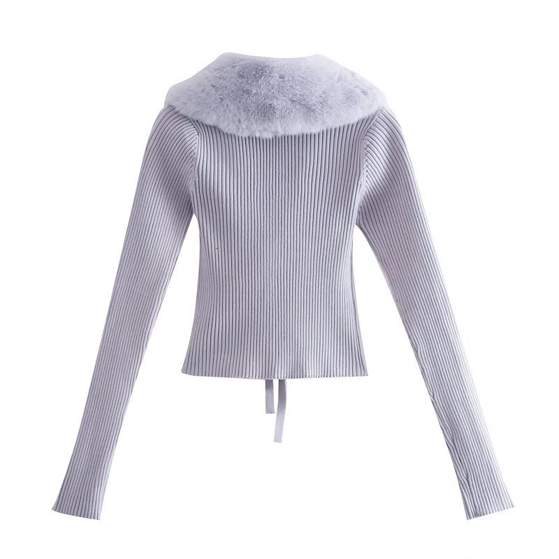 Women Sweet Fur Collar Splicing Knitting Sweater Female Lace Long Sleeve Cardigan Chic Top 210812