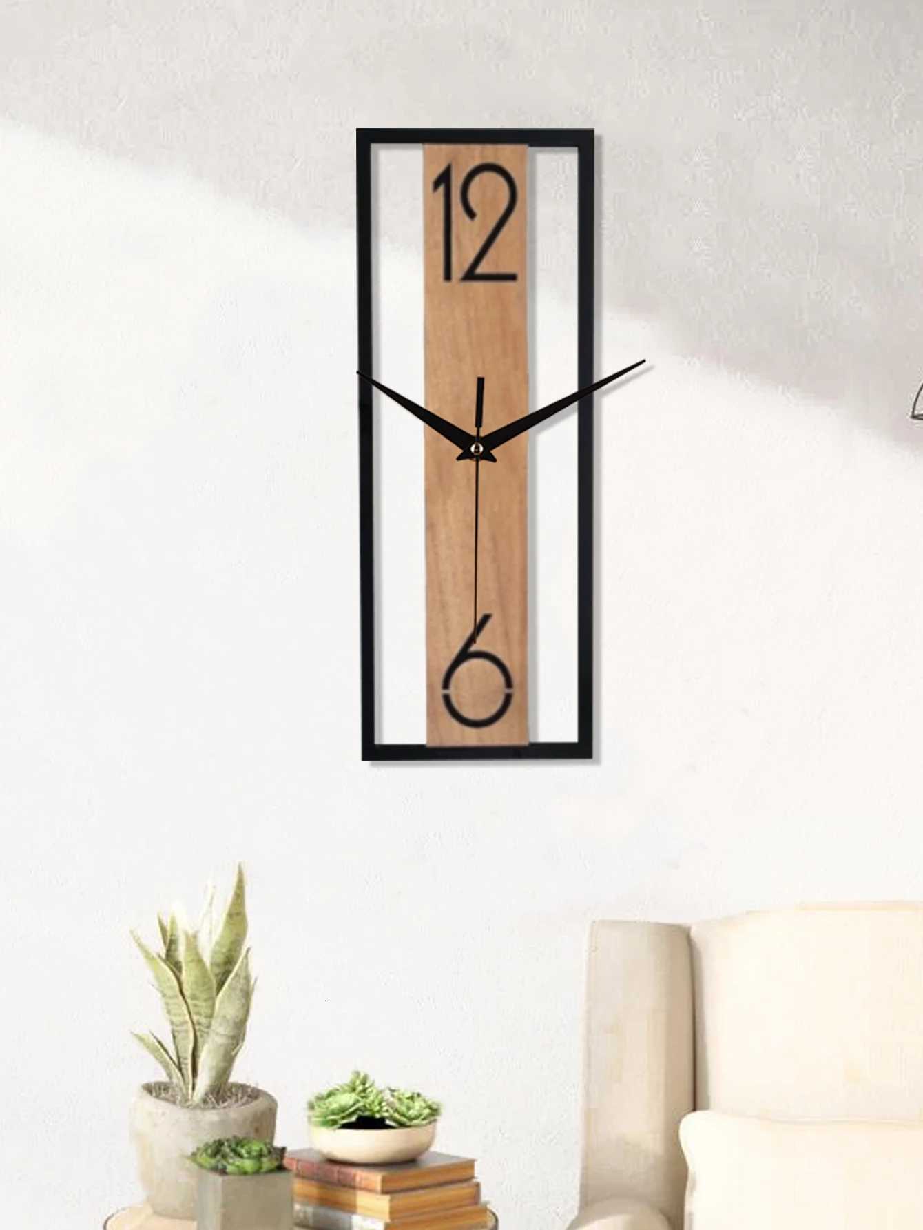 Rectangular wood grain wall clock for quiet decoration in homes and offices used in living rooms bedrooms and dining rooms C251015