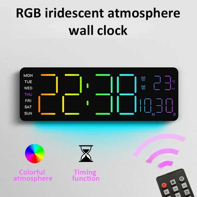 13 Large Digital Alarm Clock with Remote Control 11Color Dynamic RGB Display LED Multicolor Ambiance Wall Clocks Room Decor C251015