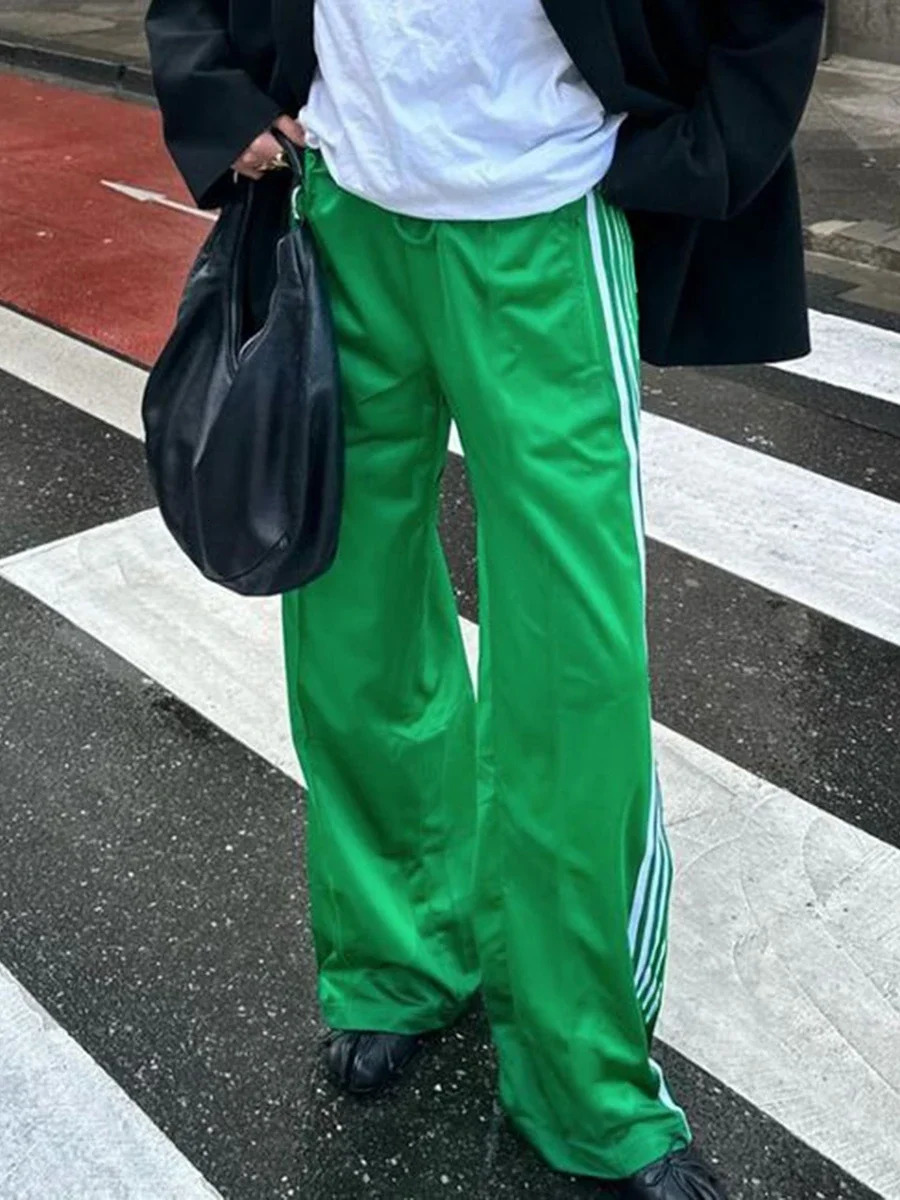 Womens Striped Pants Loose Elastic Waist Drawstring Straight Leg Casual Sweatpants with Pockets y2k Low Rise Baggy Trousers 251014