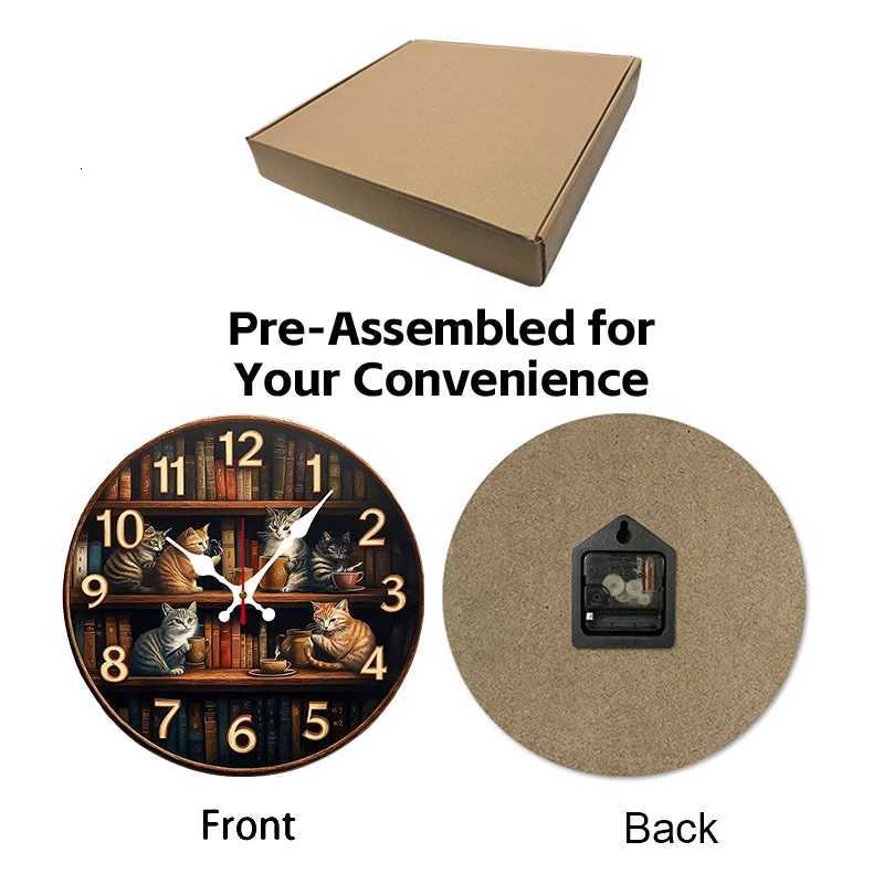 Bookshelf With Cats Wooden Round Silent Hanging Wall Clock Suitable For Living Room OfficeStudy RoomBedroom Home Decoration C251015