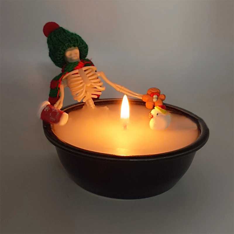 1x Halloween Skeleton Candle Decorations Ornament Gothic Cauldron Milk Basin Bathing Skull Candle With Hat Scarf Home Decor Gift C251015