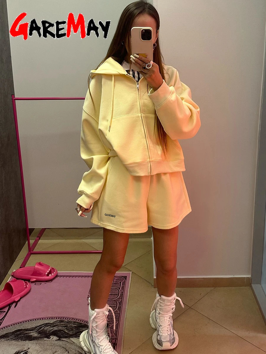 Womens Summer Tracksuit with Shorts Zipper Cotton Oversize Top and Shorts Two Piece Set Casual Sports Yellow Suit for Women 251028