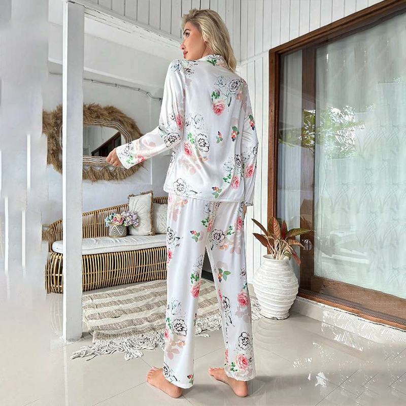Women's Spring/Fall Silk Satin Floral Print Long-Sleeve Pajama Set with Pants nightgown retro nightgown nightgown set nightgown nightdress lounge