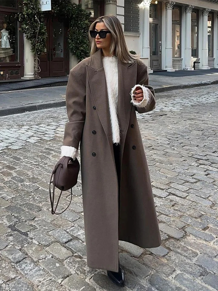 Elegant Solid Women Woolen Long Coats Loose Lapel Doublebreasted Full Sleeve Shoulder Pads Overcoat 2025 Autumn Outerwears 251015