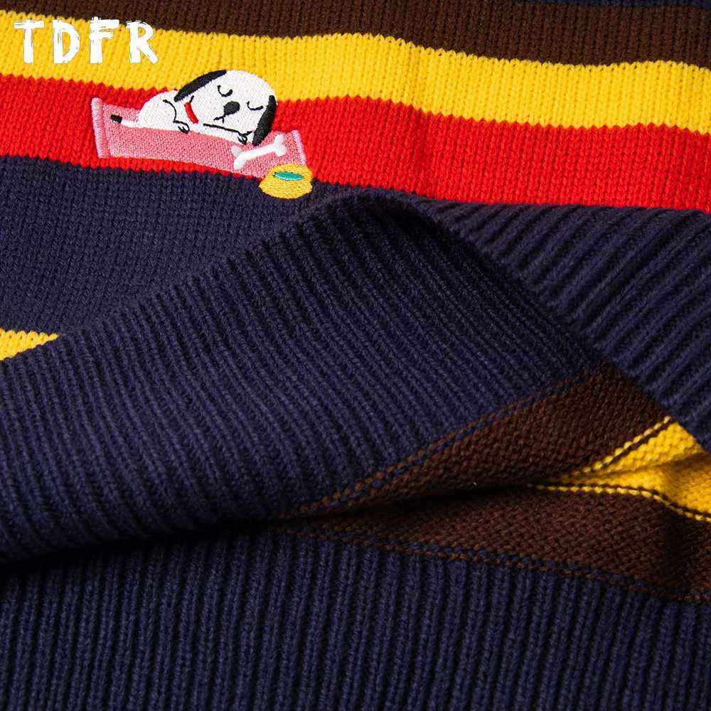 Retro Contrast Paneled Striped Sweater Mens Embroidery Autumn Winter Casual Loose Knitted Crew Neck Pullover Man J251015