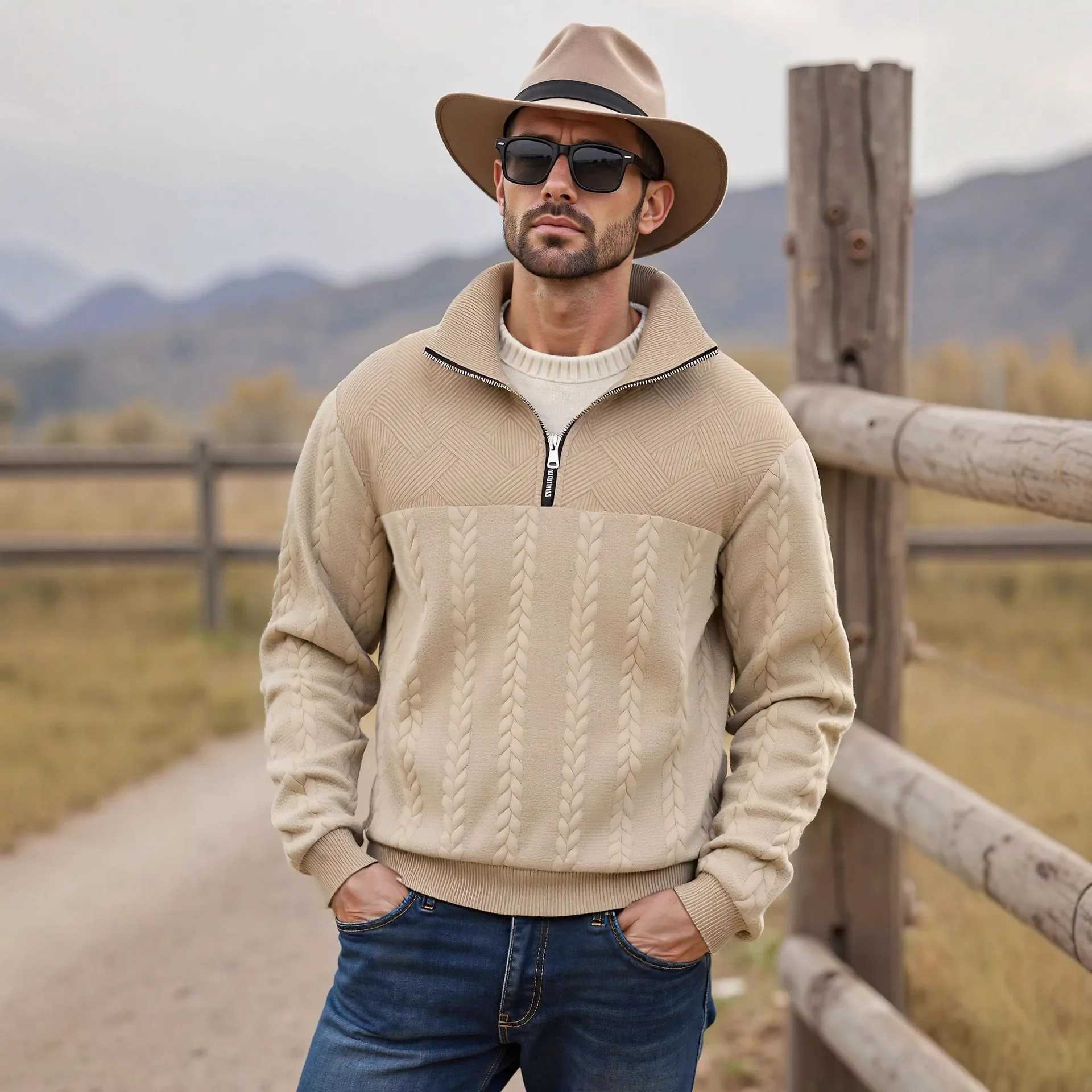 American Retro Casual StandUp Collar Zipper Pullover Loose Knitting Heavy Fashion Sports LongSleeved Sweater for Autumn Winter J251015