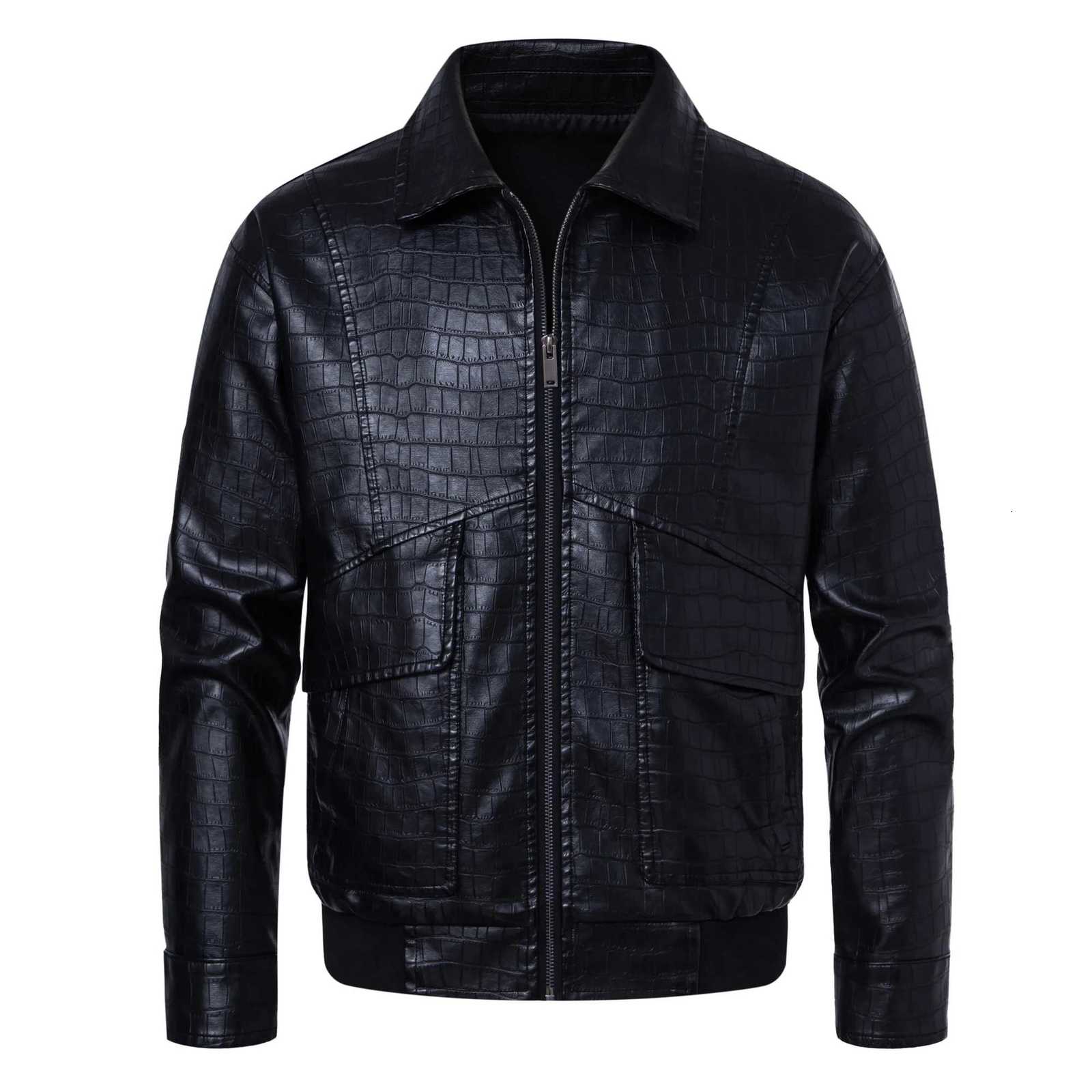 Mens faux crocodile PU leather jacket with vintage lapels W251015