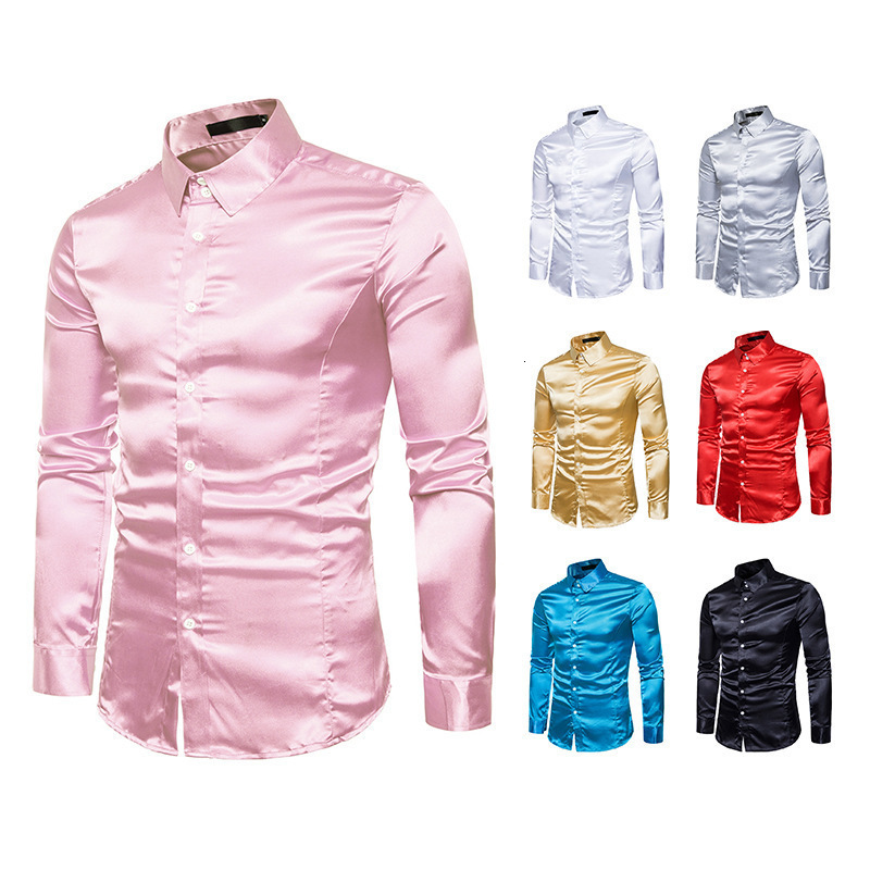 Hi-Tie Plain Satin Silk Mens Dress Shirts Long Sleeve Suit Shirt Casual Formal Blouse Pure Solid Rose Gold Peach Pink Mint White 240117