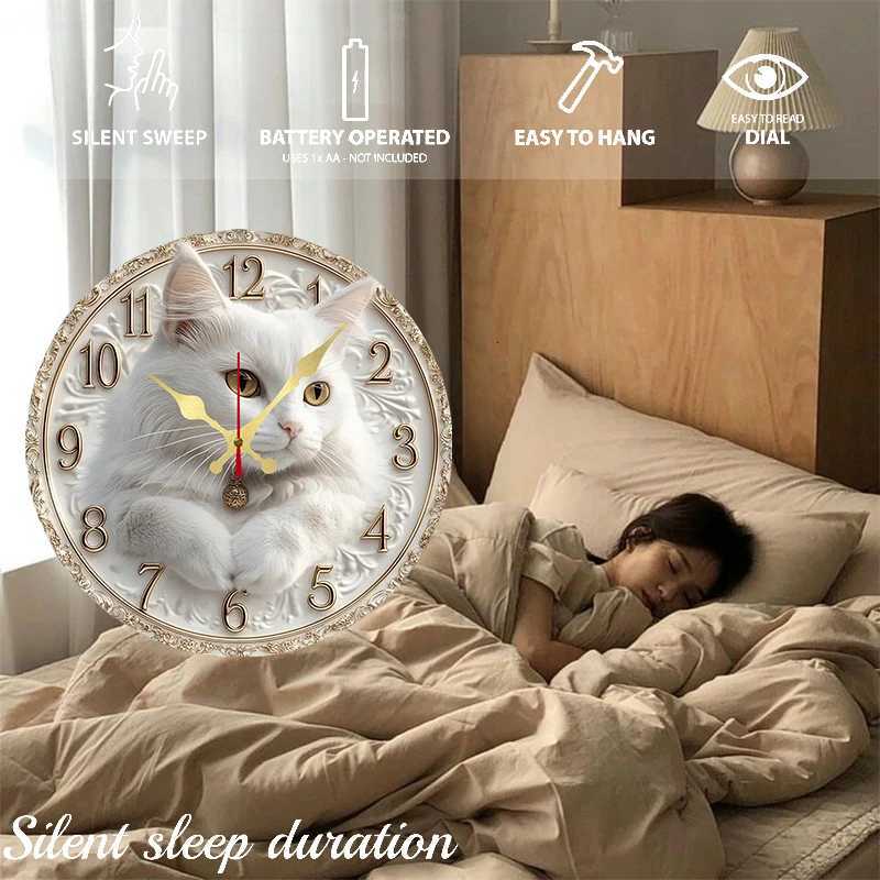 Elegant Cat Themed Wooden Round Silent Hanging Wall Clock Suitable For Living RoomOffice Study Room Bedroom Home Decoration C251015