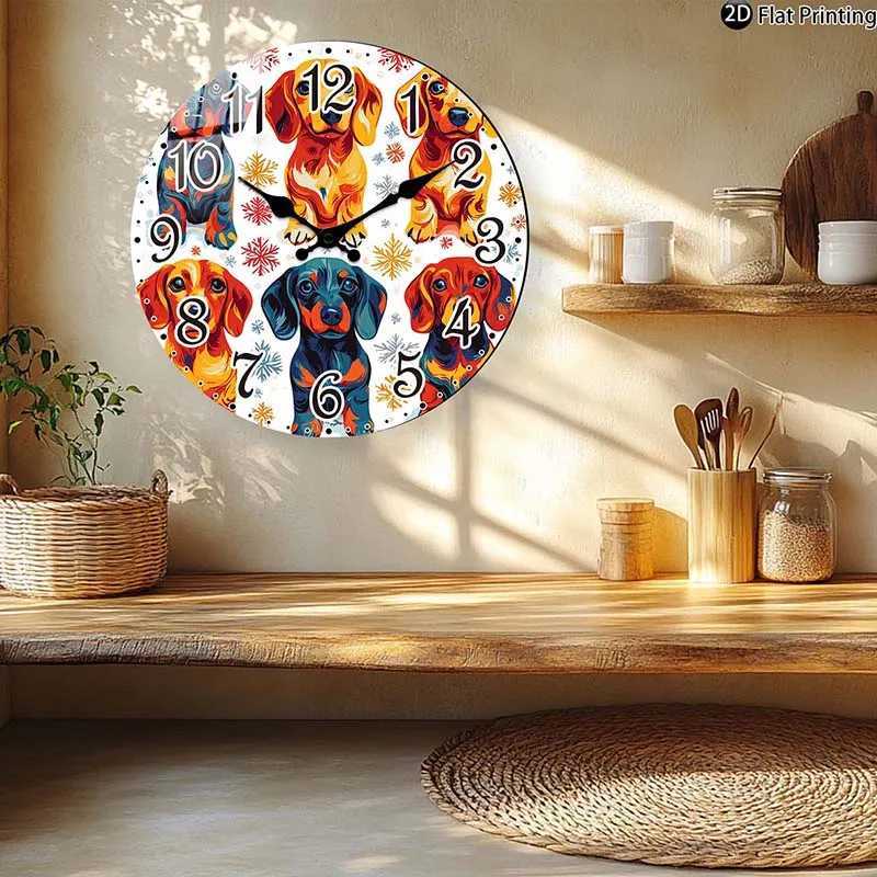 Wooden Silent Wall Clock Dachshund dogs with snowflakes Quartz Clocks FarmhouseOfficeIdea ChristmasHalloweenNew Year Gift C251015
