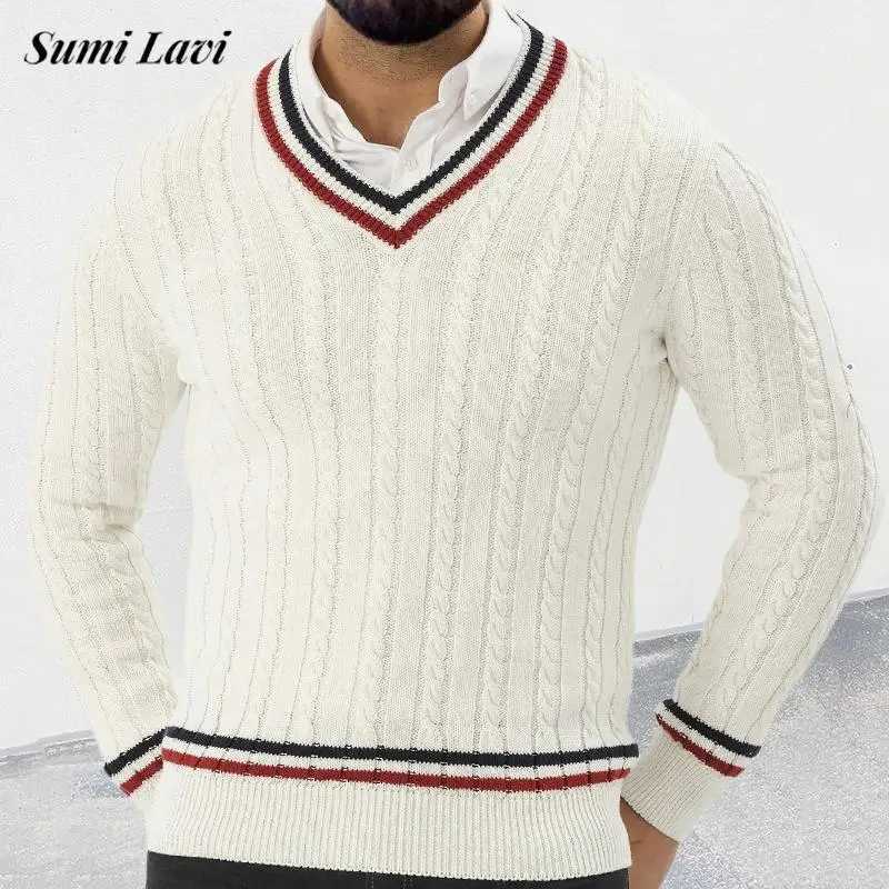 2024 Autumn Fashionable Sweater Mens Long Sleeve V Neck Striped Knit Jumpers Men Casual Slim Knitting Pullover Tops Streetwear J251015