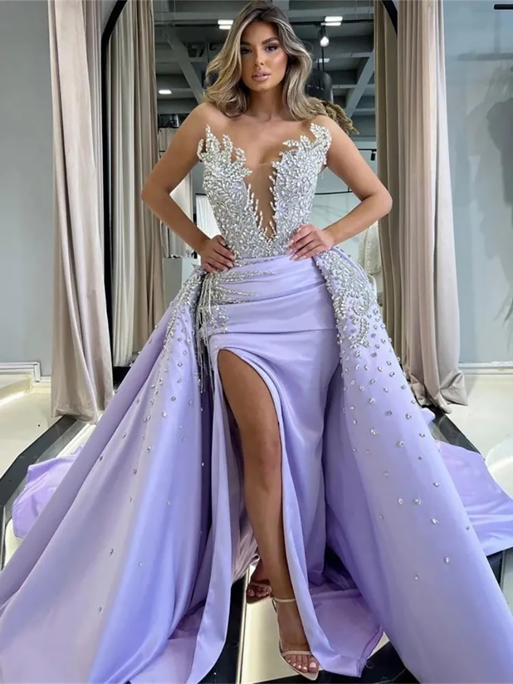 Prom Dresses Beaded Dubai Evening Dress Sexy Sheer Neck Crystals With Detachable Skirt Split Special Occasion Dress Saudi Arabia Wea