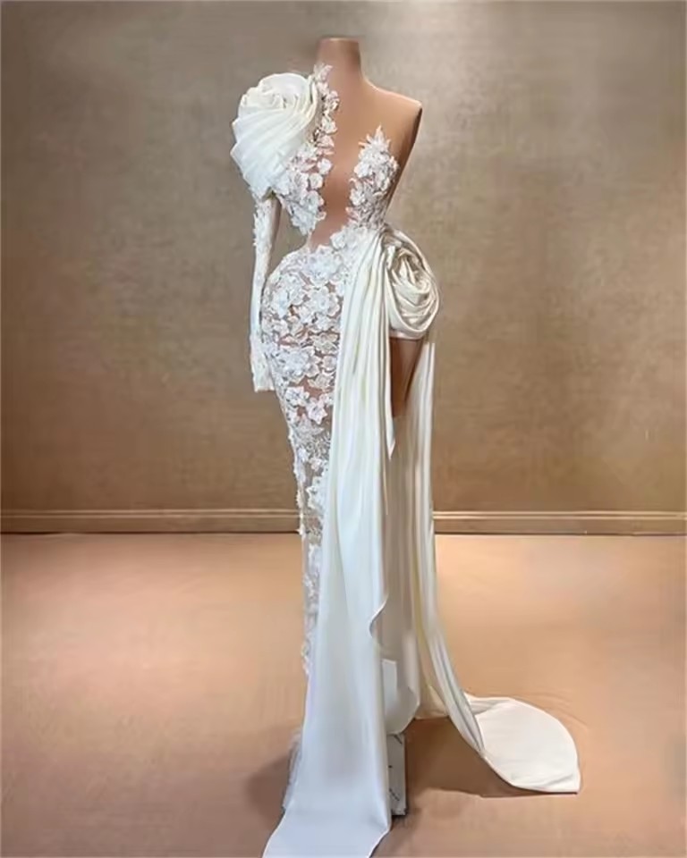 Ruched Flowers Designer Prom Dresses White Lace Mermaid Formal Occasion Evening Gowns Sweep Train Sexy High Split Vestidos De Fiesta Second Reception 