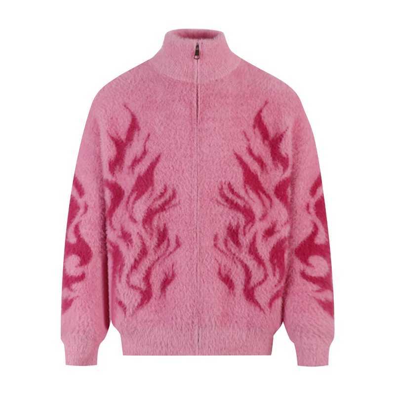 Vintage Totem Flame Jacquard Knitt Zipper Sweater Men Women High Quality Winter Pink Black Keep Warm Trendy Sweaters Coat J251015