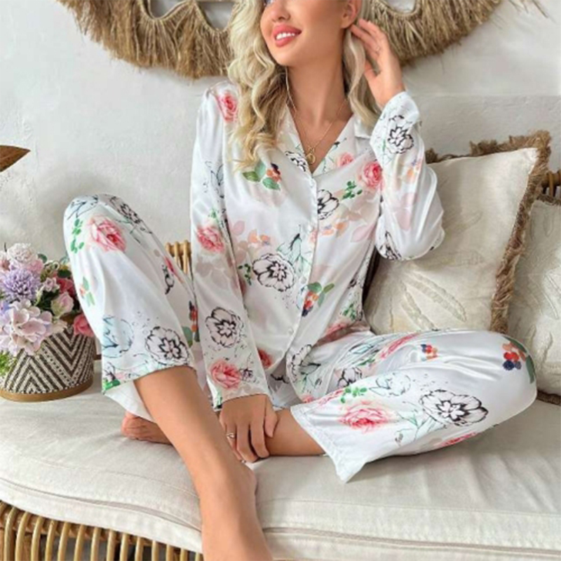 Women's Spring/Fall Silk Satin Floral Print Long-Sleeve Pajama Set with Pants nightgown retro nightgown nightgown set nightgown nightdress lounge