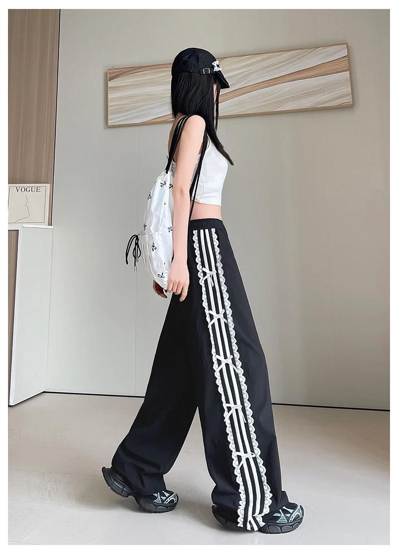Black Trousers Elastic Waist Lace White Edge Strip End Foot Sweatpants Sports Pants Women sweet girls loose casual Z260314