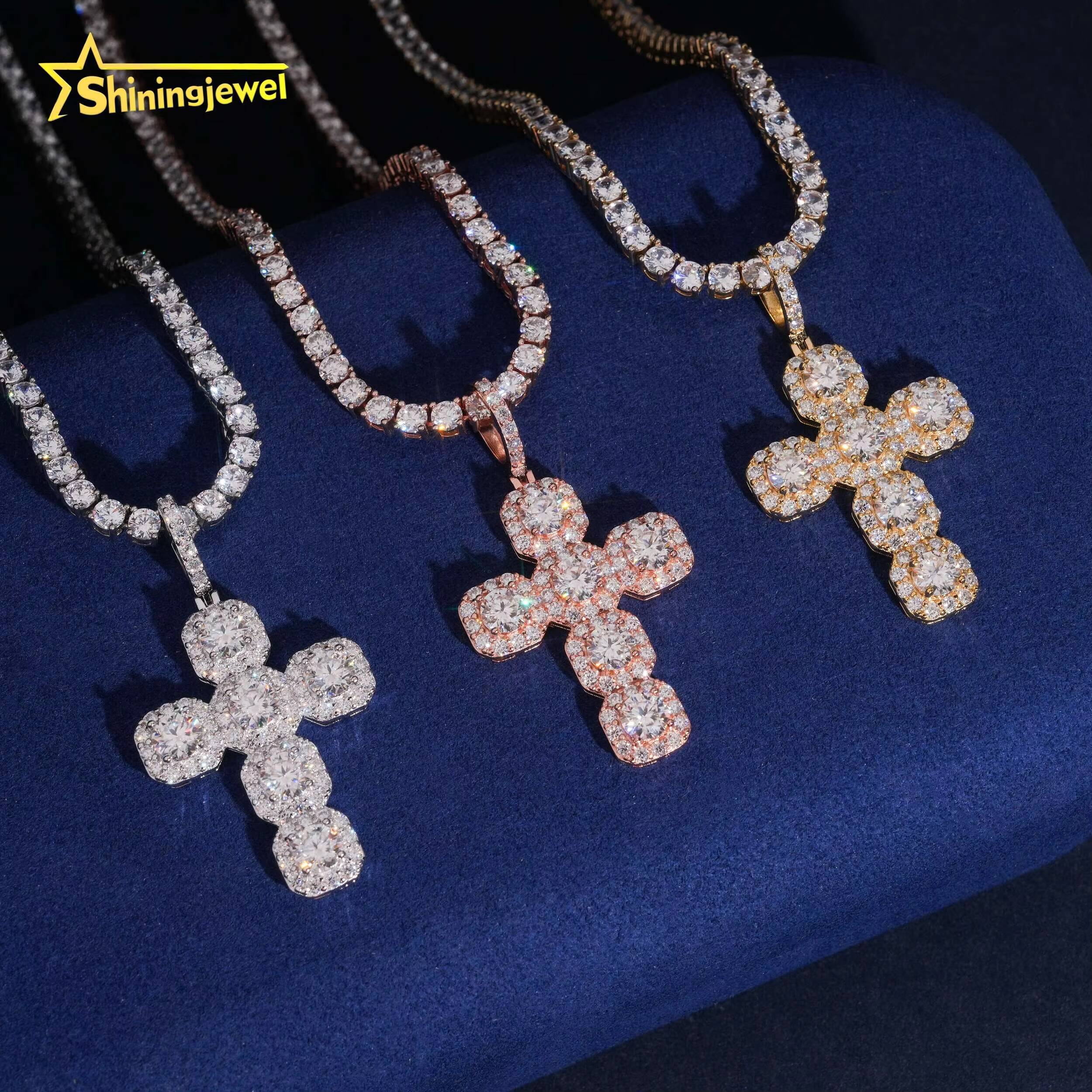 Cluster Design Cross Pendant Pass Diamond Test Moissanite Charms 925 Sterling Silver Gold Plated Hip Hop Iced Out Charm Pendant
