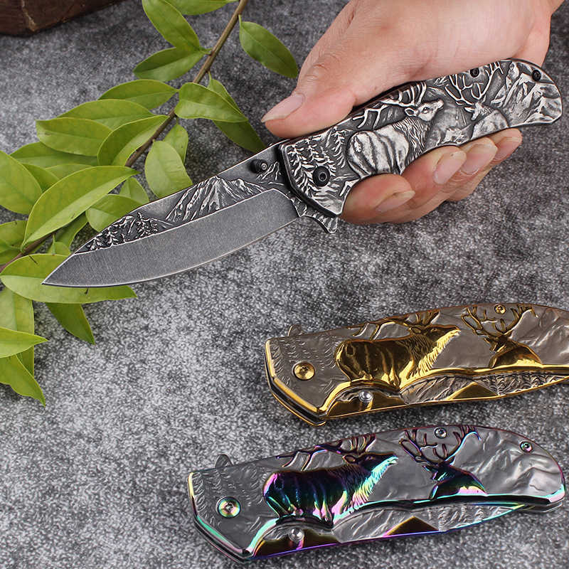 Outdoor Stone Wash Folding Knife Portable Knife Camping Survival High Hardness Precision Pressed Relief Folding Knife Outdoor Fruit Knife H251015