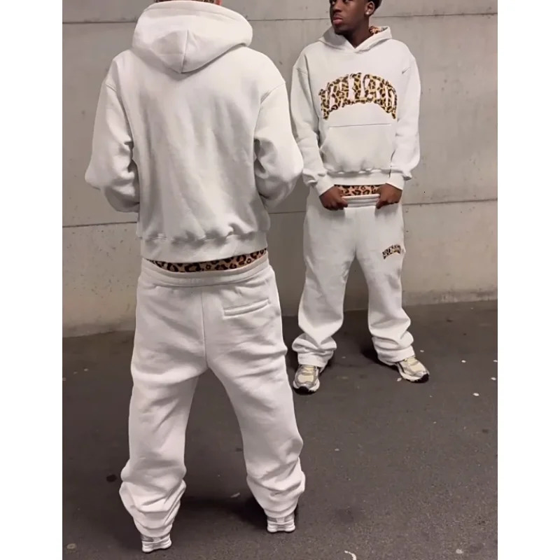European and American trendy high street leopard print loose hooded sweatshirt casual stacking sweatpants 251015