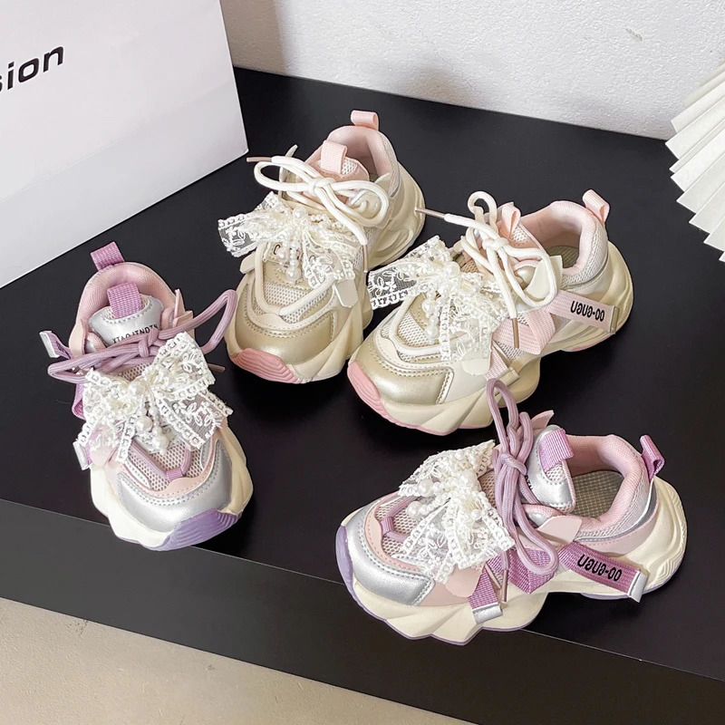 Girls Sneakers 318 Years Old Pink Lace Bow Childrens Running Four Seasons Purple Lightweight Nonslip Kids Casual Shoes H260130